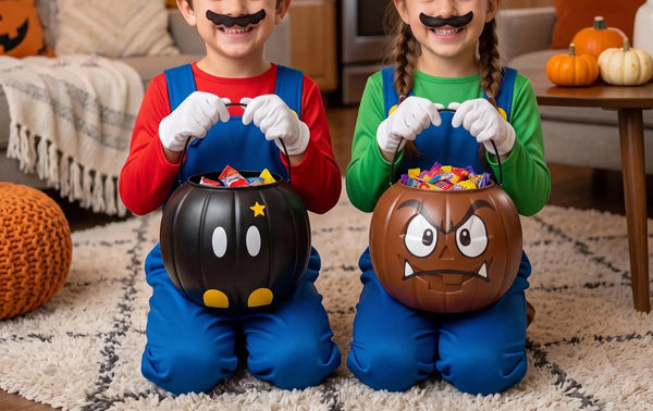 Two children in costumes holding hand-painted black bomb and grumpy brown mushroom candy buckets