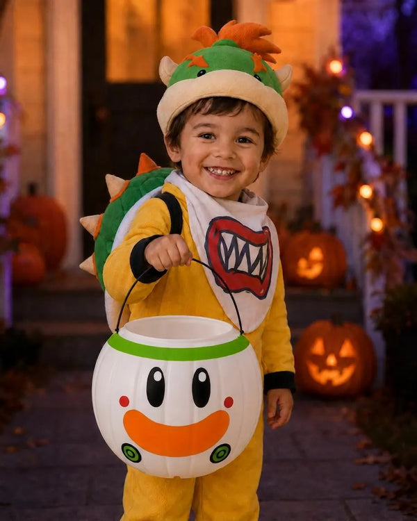 Smiling child in costume holding a hand-painted clown face candy bucket and wearing a monster mouth bib