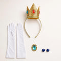 Crown headband, white gloves, blue brooch, and clip-on earrings