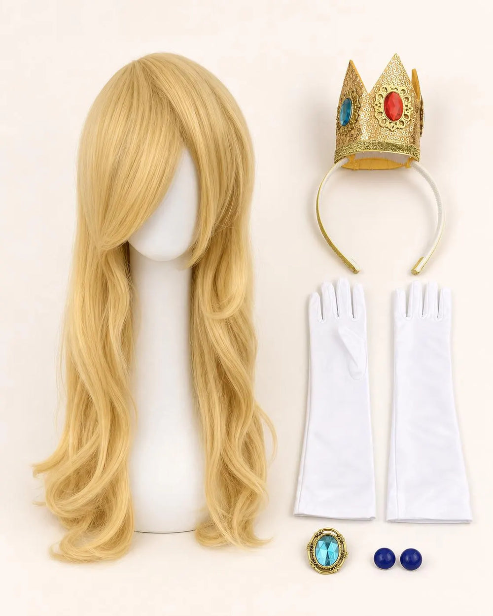 Blonde costume wig with crown headband, white gloves, blue brooch, and clip-on earrings