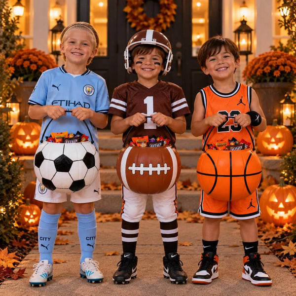 Three children dressed as soccer, football, and basketball players holding matching hand-painted pumpkin buckets