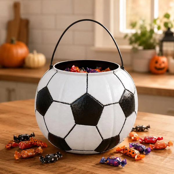 Hand-painted pumpkin bucket with black-and-white soccer-ball design